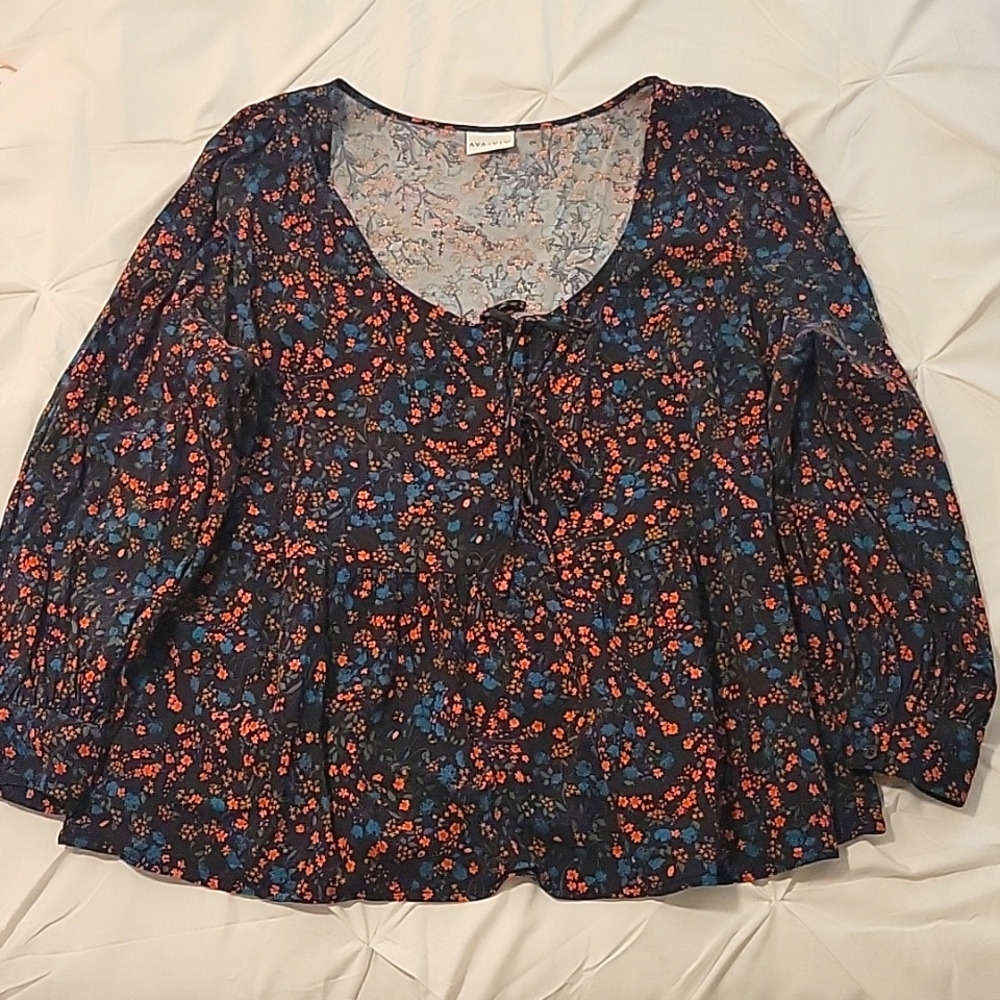 V-neck navy blue floral top